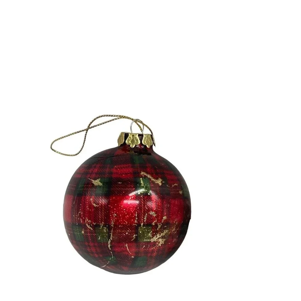 2 Hanging Silver Disco Ball Mirror and Plaid Ball Christmas Tree Ornament